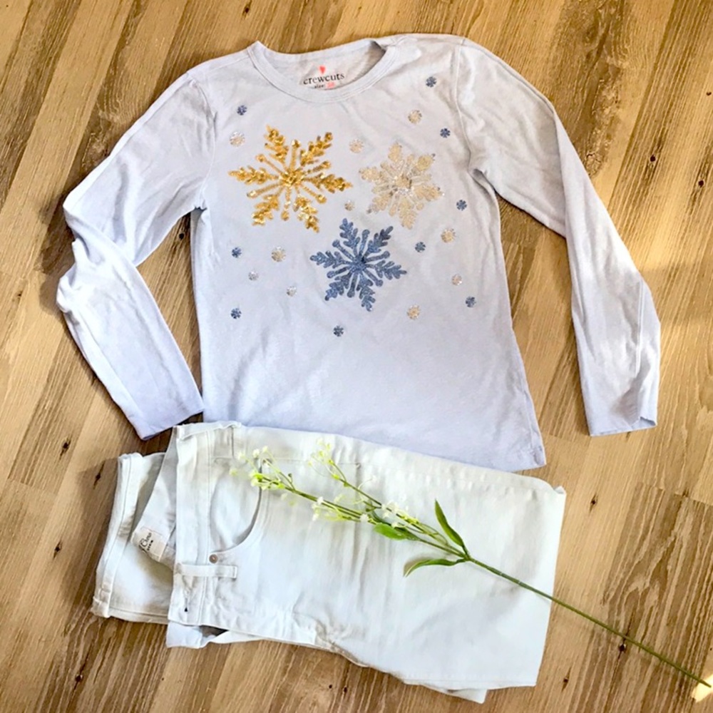 J. Crew long-sleeve sequin snowflake Tee in heather peri